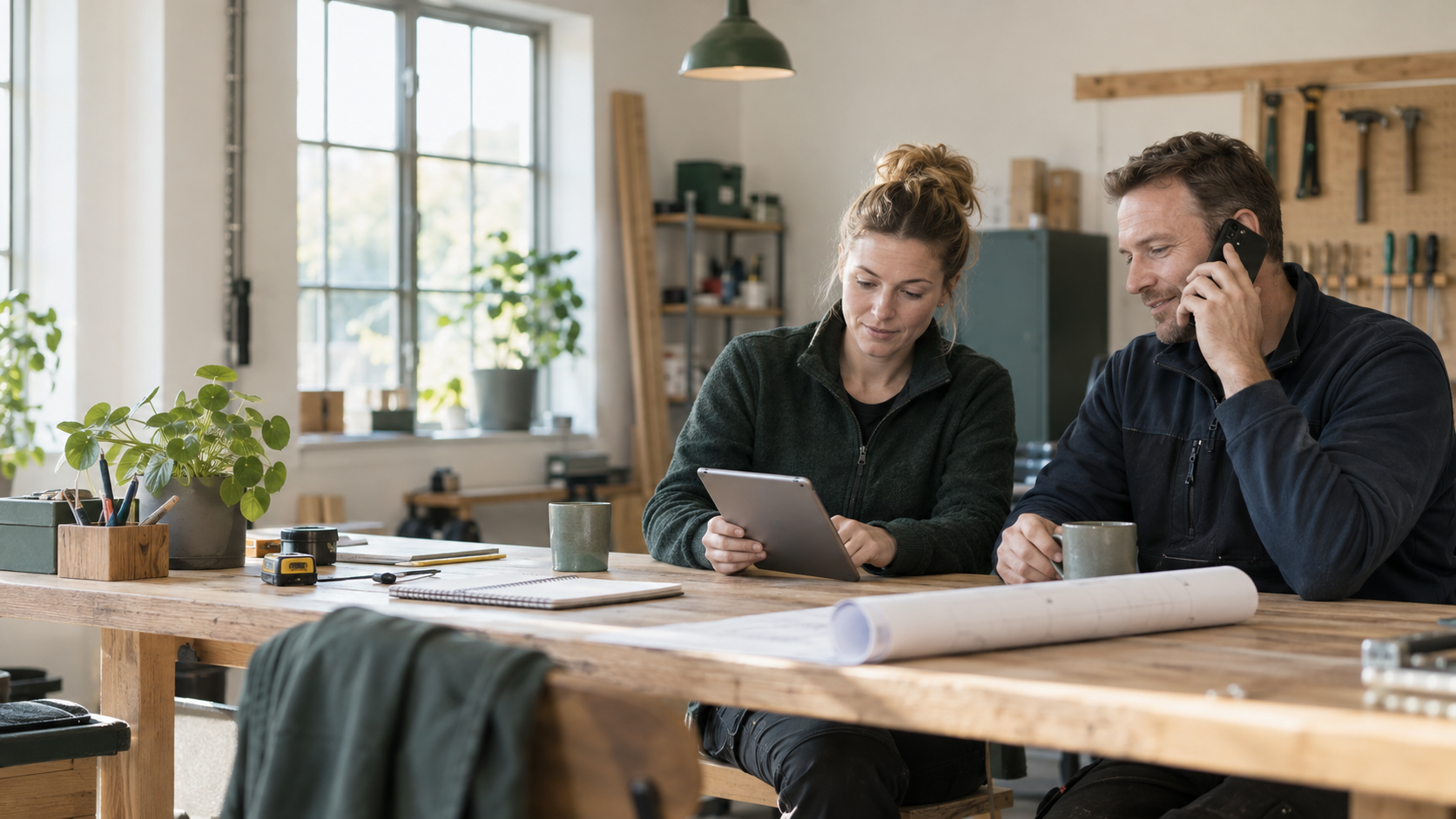 To medarbejdere gennemgår en opgave og hjælper en kunde i en travl arbejdsdag